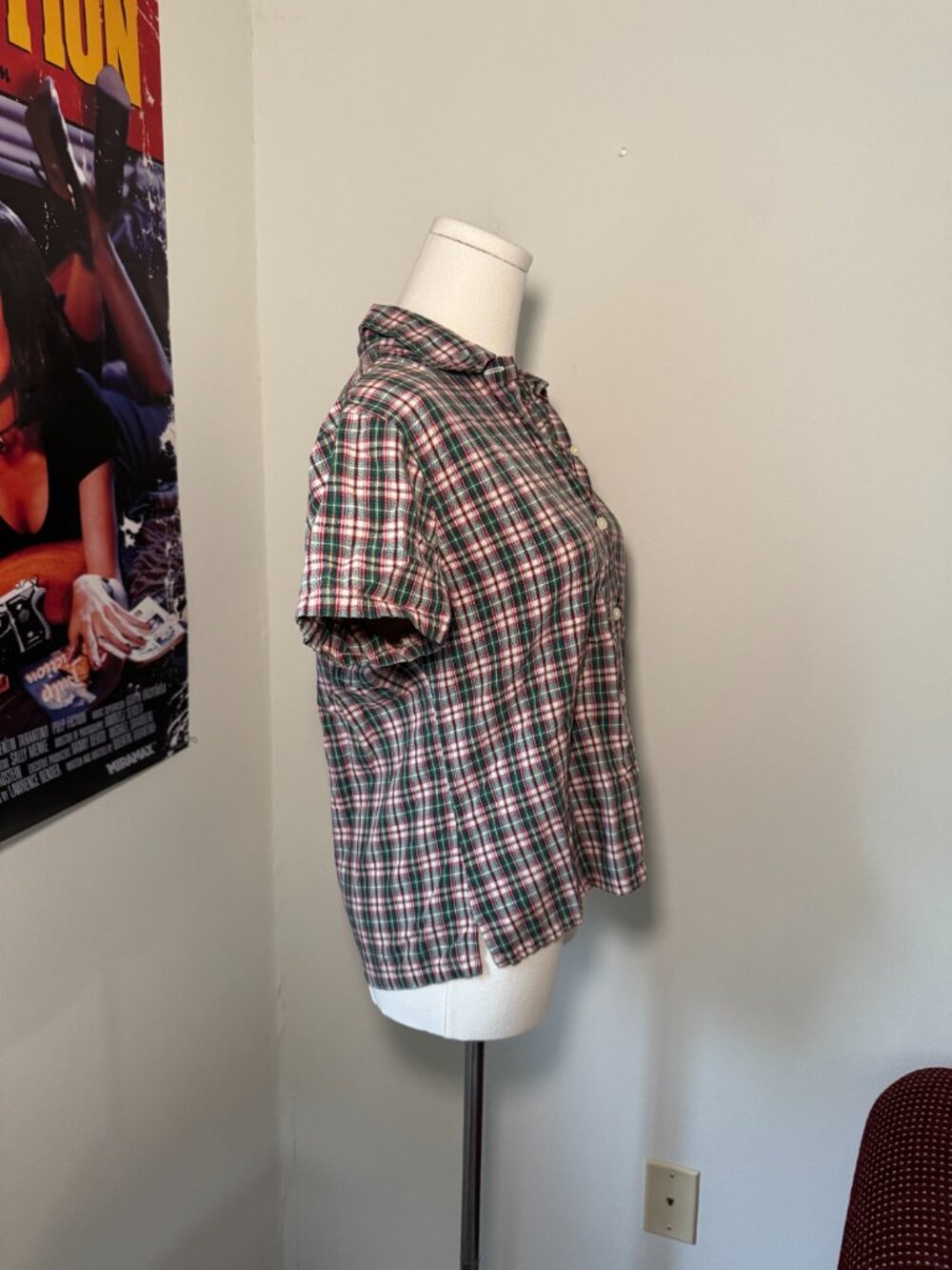 Abercrombie Y2K Green, Red, and Cream Plaid Short Sleeve Baby Button Up Blouse - Picture 10 of 13